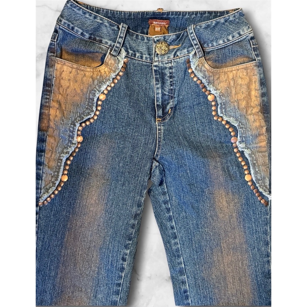 Chagall Y2K Fairycore Grunge Embellished Bootcut Flare Jeans XS Tall & Crop Top - Picture 4 of 9